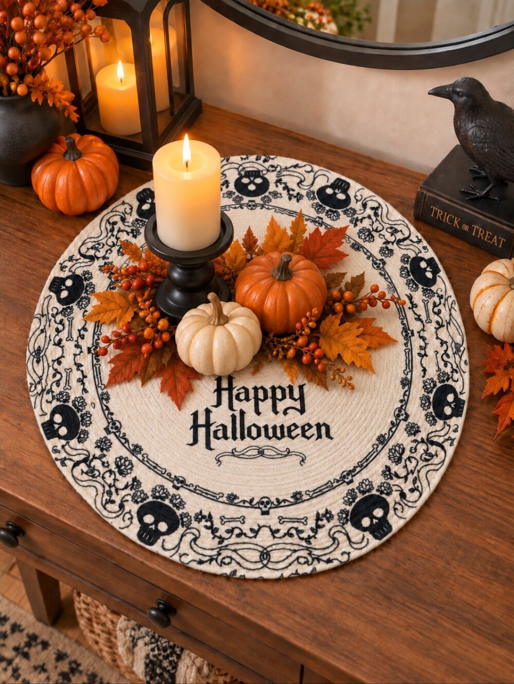 Happy Halloween Skull Decorative Centerpiece Mat 15” NWT